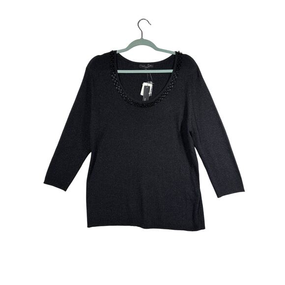 August Silk Beaded Embellished Silk Blend Scoop Neck Metallic Black Top Size 2X - Picture 1 of 10
